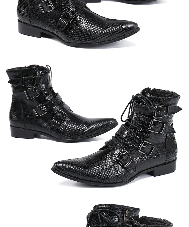 Men's Genuine Cow‑Leather Pointed Dress Boots Buckle‑Strap Decor Personalized Footwear For Summer Model Show Banquet Wedding Par