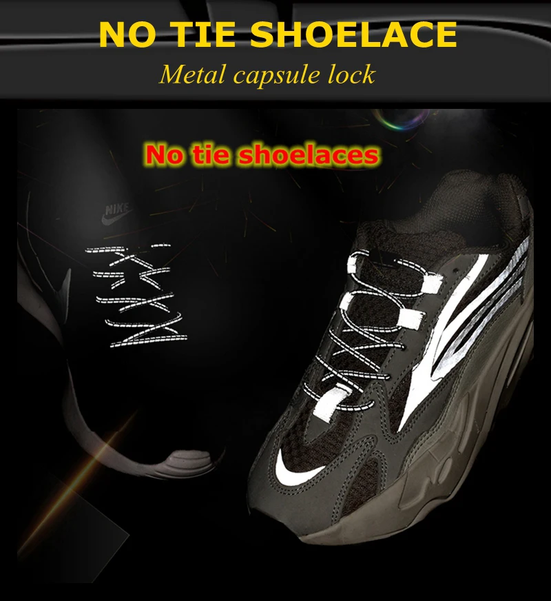 Elastic Shoelaces Reflective No Tie Shoelace Child Adult Unisex Convenient Quick Lock Lazy Laces Metal Tip Round Shoe Lace