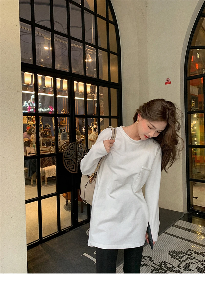 LMQ New 2020 Women Autumn Winter O Neck Solid Bottoming Thicken Long T-Shirts Oversize Korean Wild Minimalist Style Tops Tee