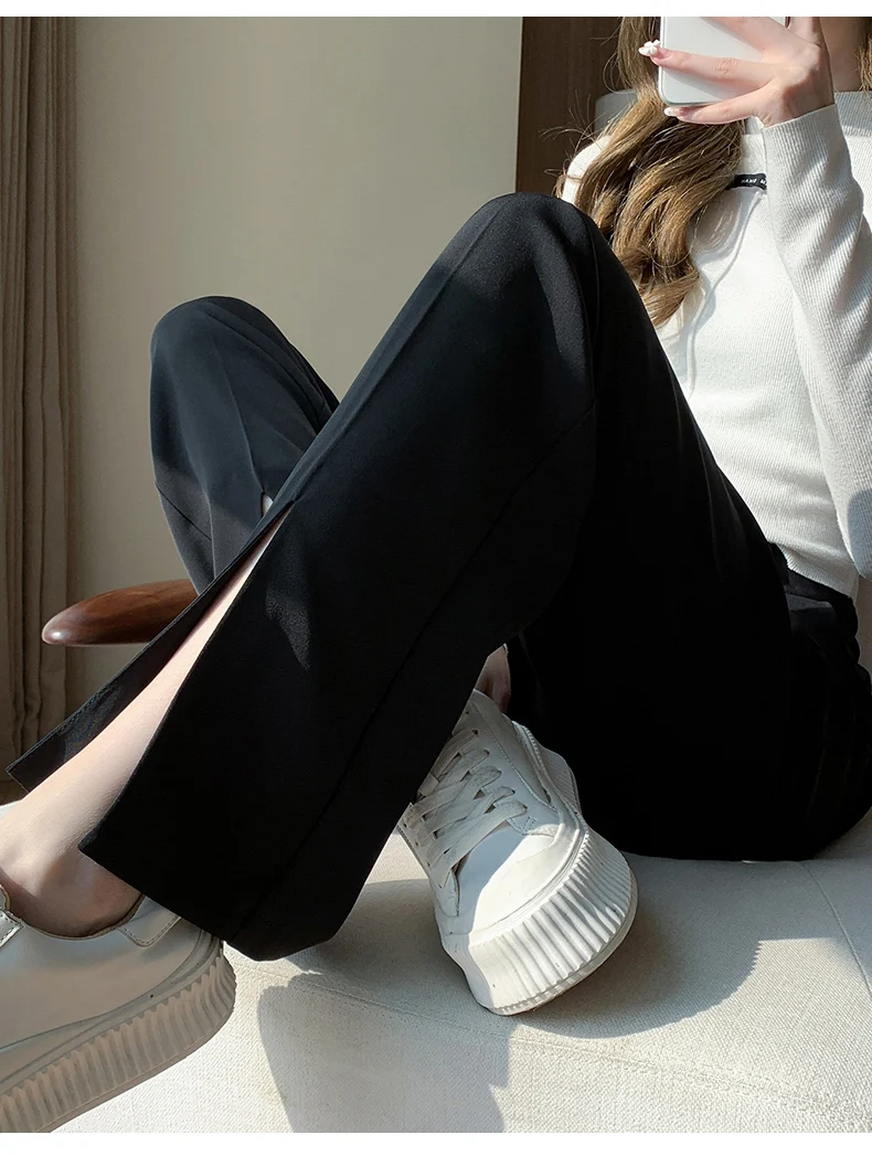 Women Black Front Slit Pants Chic Fashion Office Lady Long Straight Trousers Elastic High Waist Pencil Loose Trousers Jumpsuits