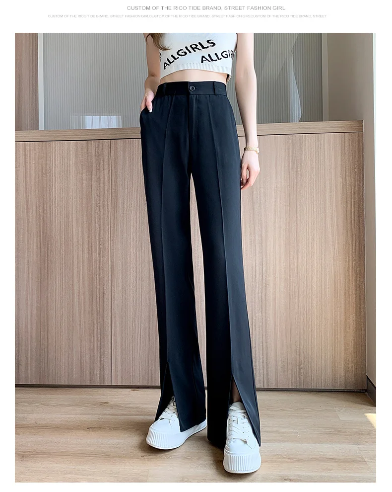 Women Black Front Slit Pants Chic Fashion Office Lady Long Straight Trousers Elastic High Waist Pencil Loose Trousers Jumpsuits