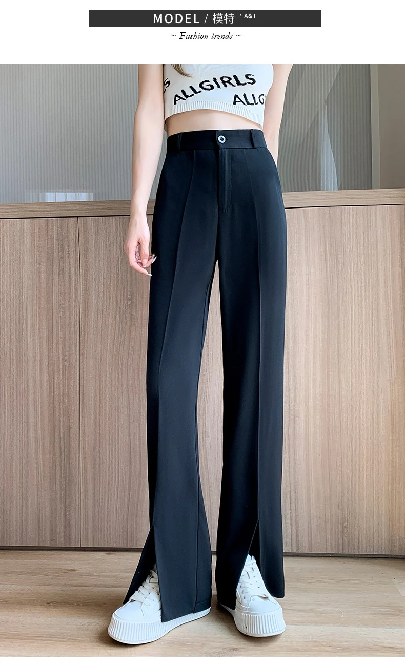 Women Black Front Slit Pants Chic Fashion Office Lady Long Straight Trousers Elastic High Waist Pencil Loose Trousers Jumpsuits