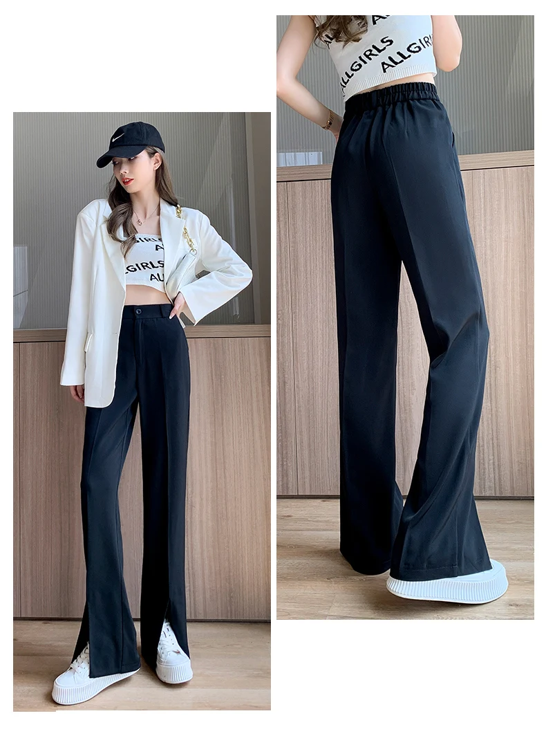 Women Black Front Slit Pants Chic Fashion Office Lady Long Straight Trousers Elastic High Waist Pencil Loose Trousers Jumpsuits