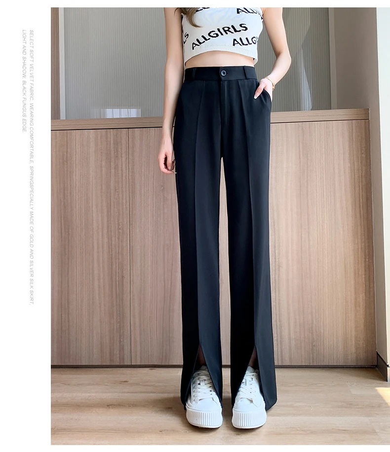 Women Black Front Slit Pants Chic Fashion Office Lady Long Straight Trousers Elastic High Waist Pencil Loose Trousers Jumpsuits