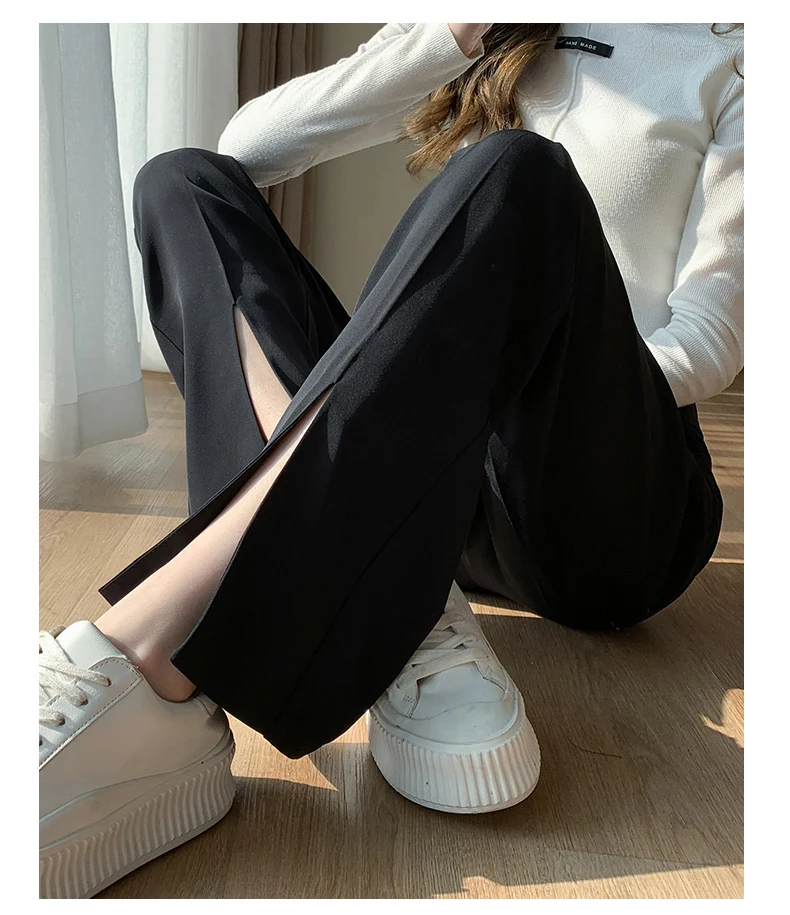 Women Black Front Slit Pants Chic Fashion Office Lady Long Straight Trousers Elastic High Waist Pencil Loose Trousers Jumpsuits