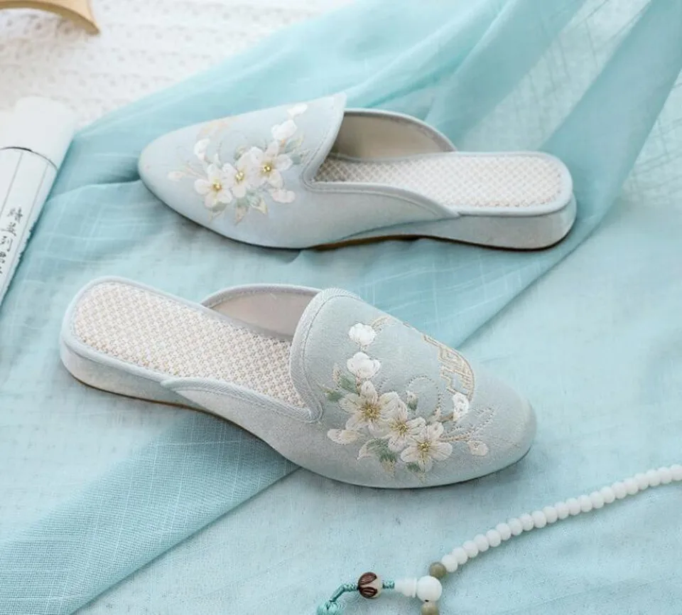 Ethnic Embroidered Satin Slippers for Women Vintage Dress Slides Female Backless Sandals, Spring and Summer Shoes