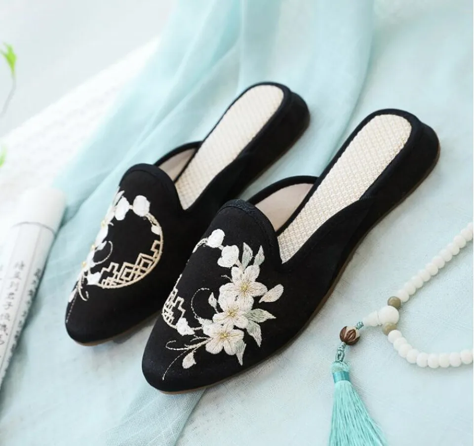 Ethnic Embroidered Satin Slippers for Women Vintage Dress Slides Female Backless Sandals, Spring and Summer Shoes
