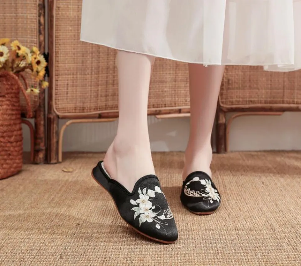 Ethnic Embroidered Satin Slippers for Women Vintage Dress Slides Female Backless Sandals, Spring and Summer Shoes