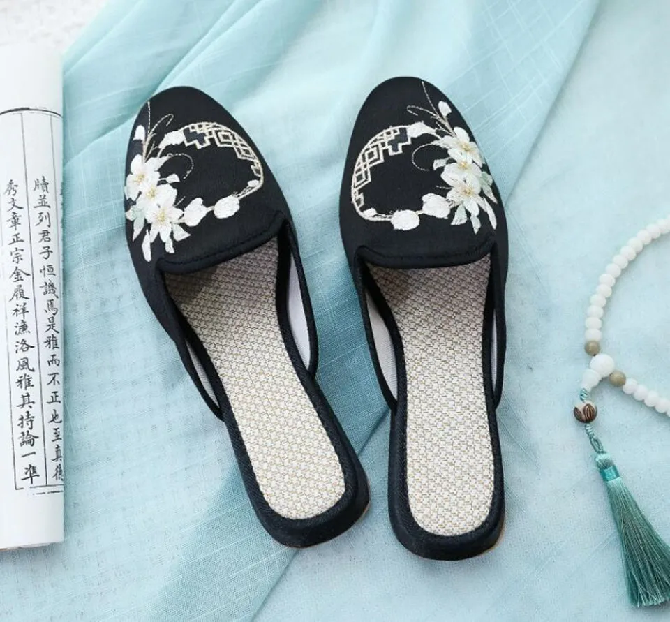 Ethnic Embroidered Satin Slippers for Women Vintage Dress Slides Female Backless Sandals, Spring and Summer Shoes