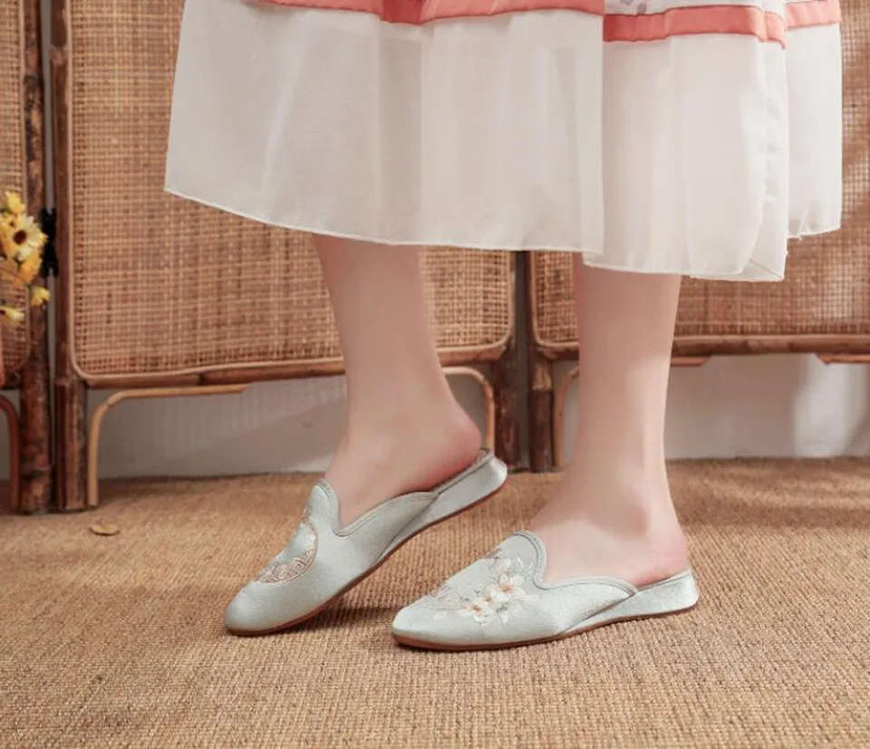 Ethnic Embroidered Satin Slippers for Women Vintage Dress Slides Female Backless Sandals, Spring and Summer Shoes