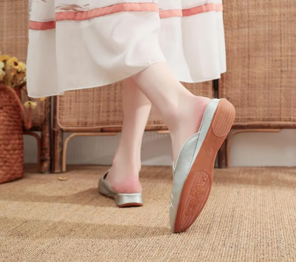 Ethnic Embroidered Satin Slippers for Women Vintage Dress Slides Female Backless Sandals, Spring and Summer Shoes