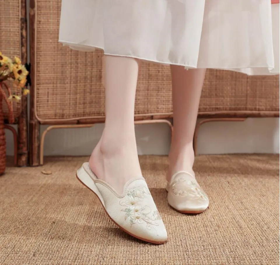 Ethnic Embroidered Satin Slippers for Women Vintage Dress Slides Female Backless Sandals, Spring and Summer Shoes