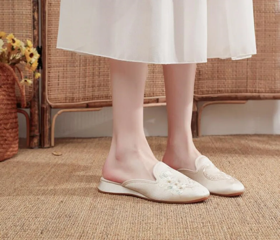 Ethnic Embroidered Satin Slippers for Women Vintage Dress Slides Female Backless Sandals, Spring and Summer Shoes