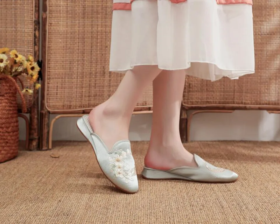 Ethnic Embroidered Satin Slippers for Women Vintage Dress Slides Female Backless Sandals, Spring and Summer Shoes