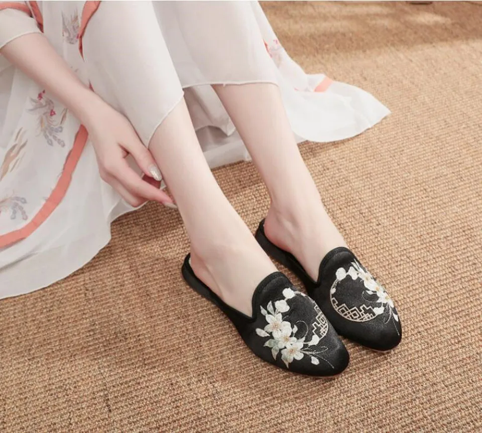 Ethnic Embroidered Satin Slippers for Women Vintage Dress Slides Female Backless Sandals, Spring and Summer Shoes