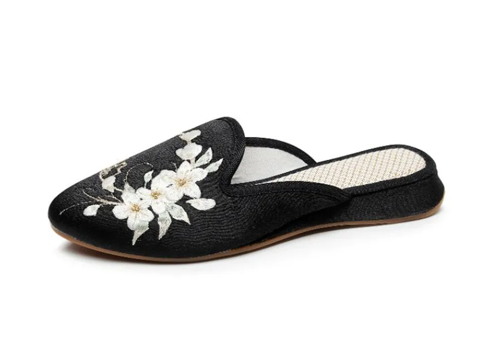 Ethnic Embroidered Satin Slippers for Women Vintage Dress Slides Female Backless Sandals, Spring and Summer Shoes