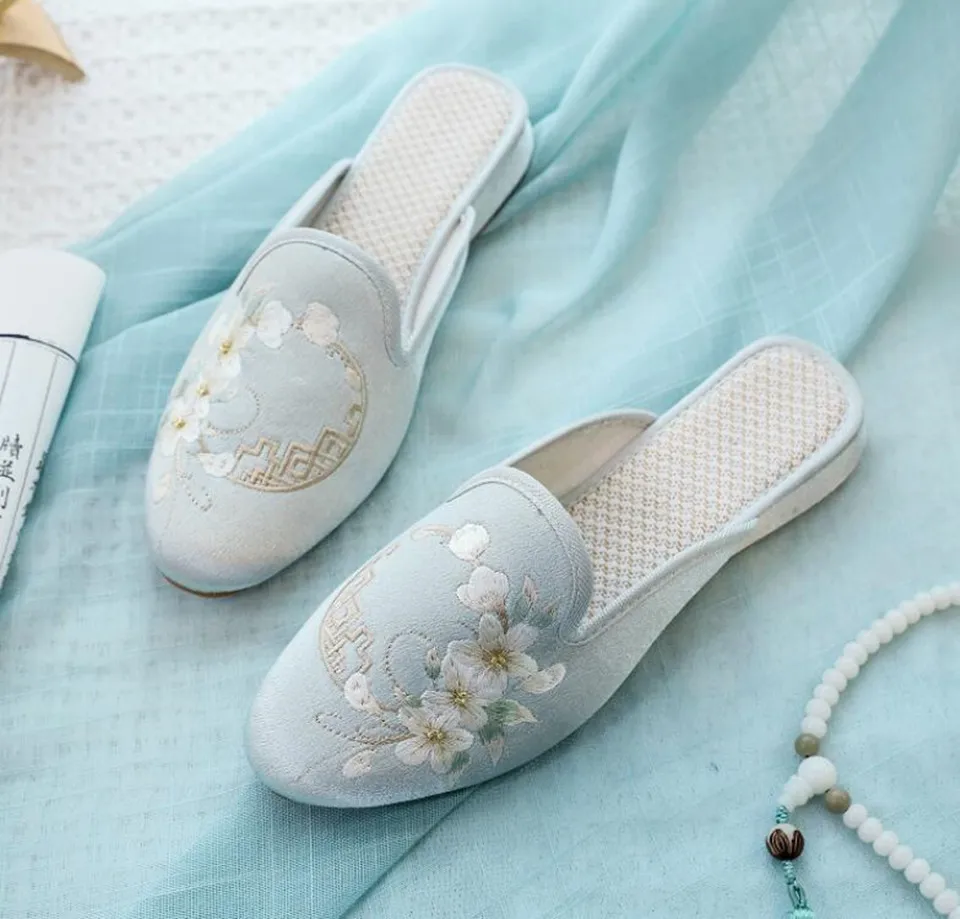 Ethnic Embroidered Satin Slippers for Women Vintage Dress Slides Female Backless Sandals, Spring and Summer Shoes