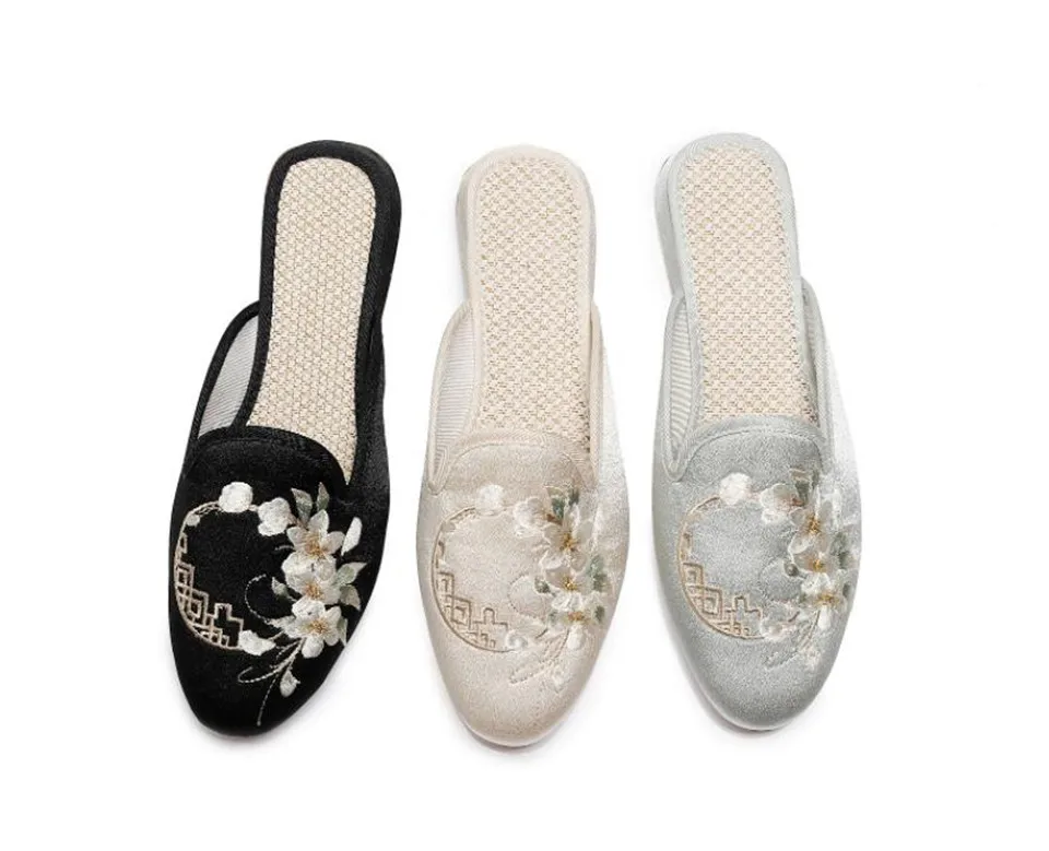 Ethnic Embroidered Satin Slippers for Women Vintage Dress Slides Female Backless Sandals, Spring and Summer Shoes