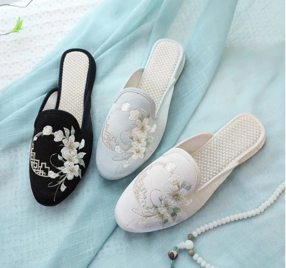 Ethnic Embroidered Satin Slippers for Women Vintage Dress Slides Female Backless Sandals, Spring and Summer Shoes