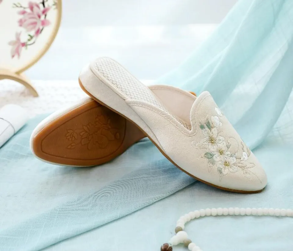 Ethnic Embroidered Satin Slippers for Women Vintage Dress Slides Female Backless Sandals, Spring and Summer Shoes