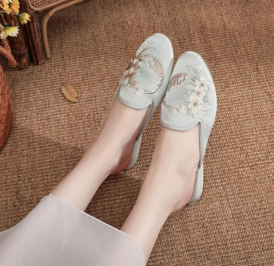 Ethnic Embroidered Satin Slippers for Women Vintage Dress Slides Female Backless Sandals, Spring and Summer Shoes