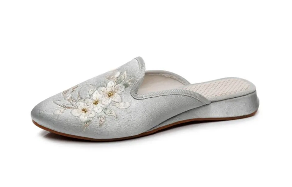 Ethnic Embroidered Satin Slippers for Women Vintage Dress Slides Female Backless Sandals, Spring and Summer Shoes