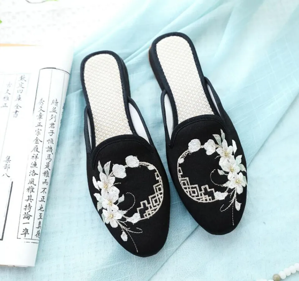 Ethnic Embroidered Satin Slippers for Women Vintage Dress Slides Female Backless Sandals, Spring and Summer Shoes