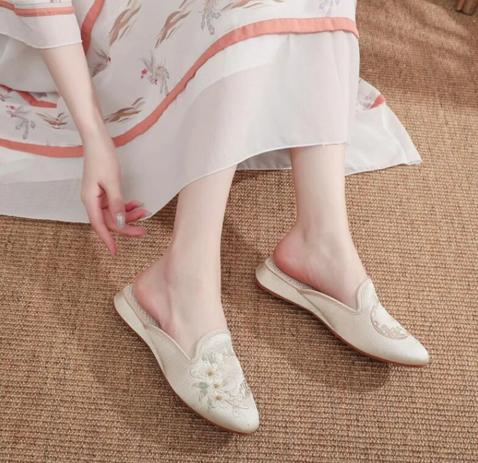 Ethnic Embroidered Satin Slippers for Women Vintage Dress Slides Female Backless Sandals, Spring and Summer Shoes