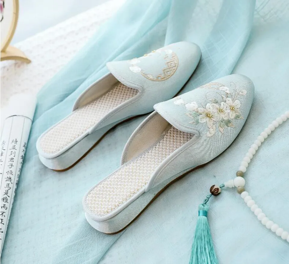 Ethnic Embroidered Satin Slippers for Women Vintage Dress Slides Female Backless Sandals, Spring and Summer Shoes