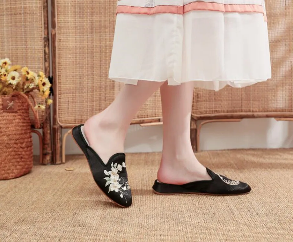 Ethnic Embroidered Satin Slippers for Women Vintage Dress Slides Female Backless Sandals, Spring and Summer Shoes