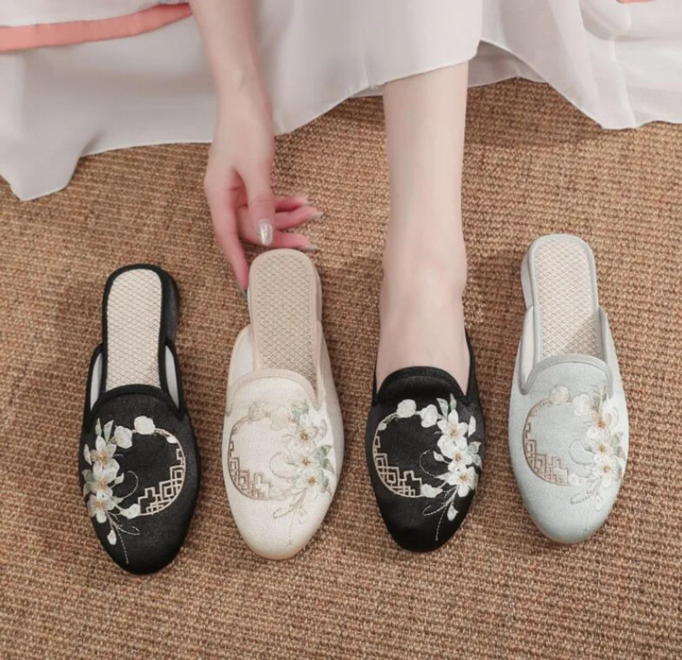 Ethnic Embroidered Satin Slippers for Women Vintage Dress Slides Female Backless Sandals, Spring and Summer Shoes