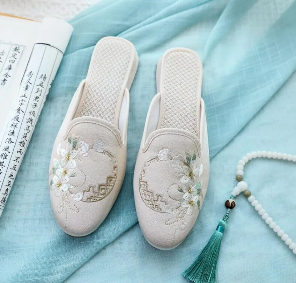 Ethnic Embroidered Satin Slippers for Women Vintage Dress Slides Female Backless Sandals, Spring and Summer Shoes