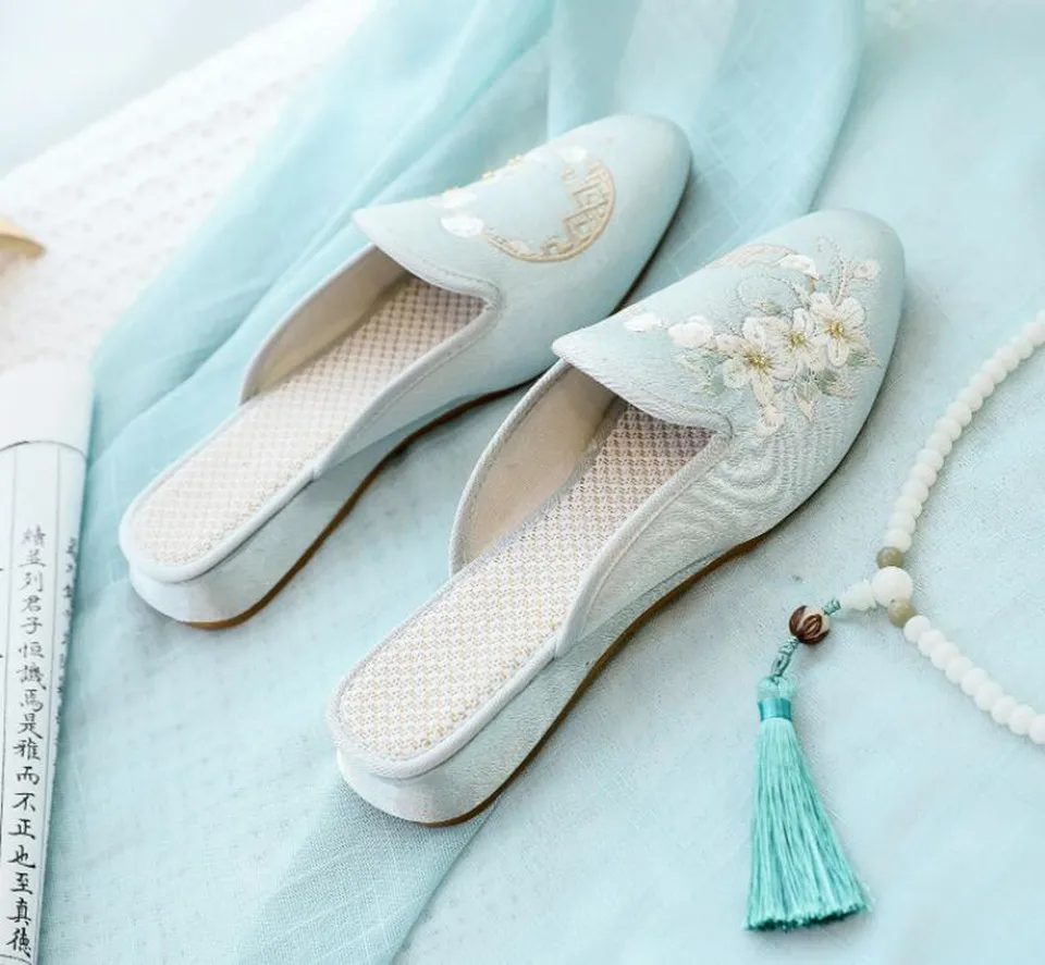 Ethnic Embroidered Satin Slippers for Women Vintage Dress Slides Female Backless Sandals, Spring and Summer Shoes