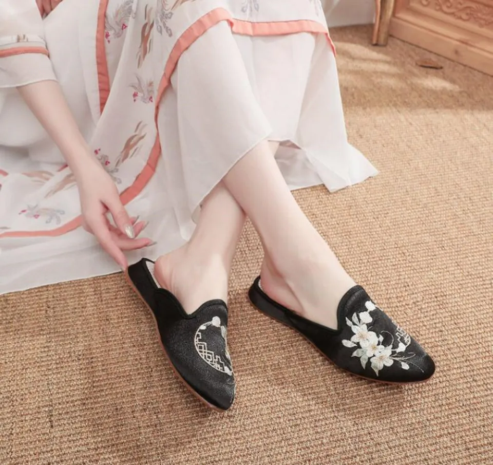 Ethnic Embroidered Satin Slippers for Women Vintage Dress Slides Female Backless Sandals, Spring and Summer Shoes