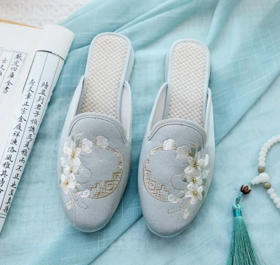 Ethnic Embroidered Satin Slippers for Women Vintage Dress Slides Female Backless Sandals, Spring and Summer Shoes