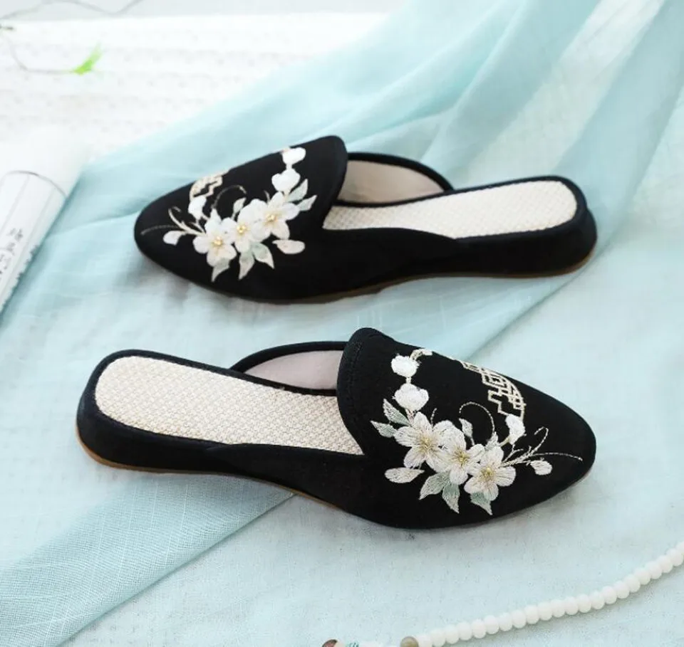 Ethnic Embroidered Satin Slippers for Women Vintage Dress Slides Female Backless Sandals, Spring and Summer Shoes