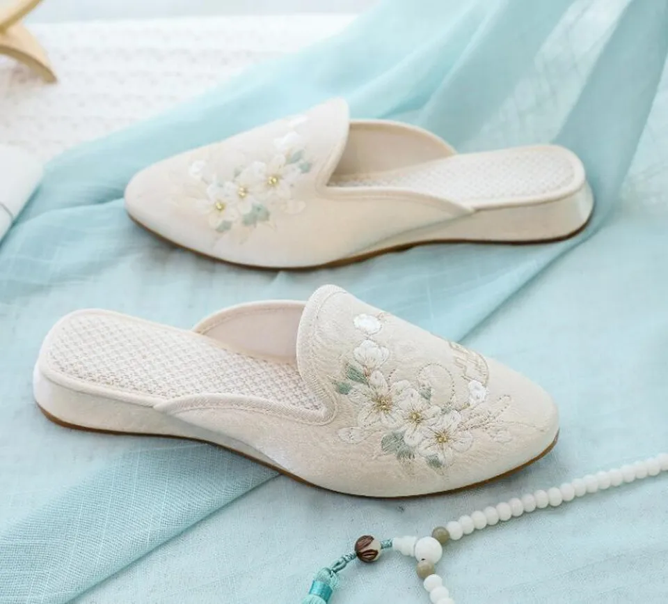 Ethnic Embroidered Satin Slippers for Women Vintage Dress Slides Female Backless Sandals, Spring and Summer Shoes