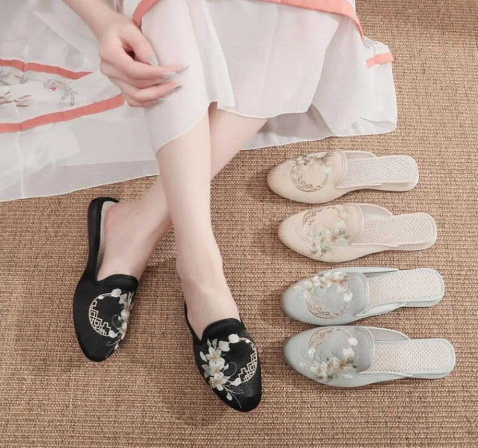 Ethnic Embroidered Satin Slippers for Women Vintage Dress Slides Female Backless Sandals, Spring and Summer Shoes