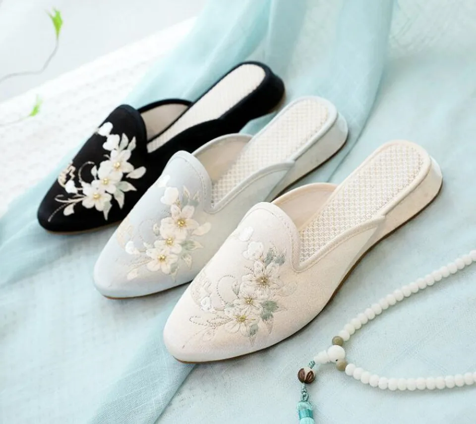 Ethnic Embroidered Satin Slippers for Women Vintage Dress Slides Female Backless Sandals, Spring and Summer Shoes
