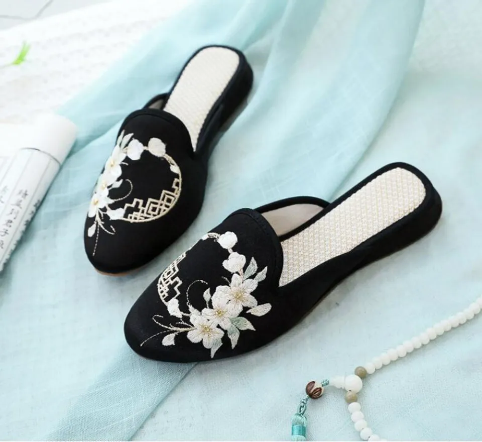 Ethnic Embroidered Satin Slippers for Women Vintage Dress Slides Female Backless Sandals, Spring and Summer Shoes