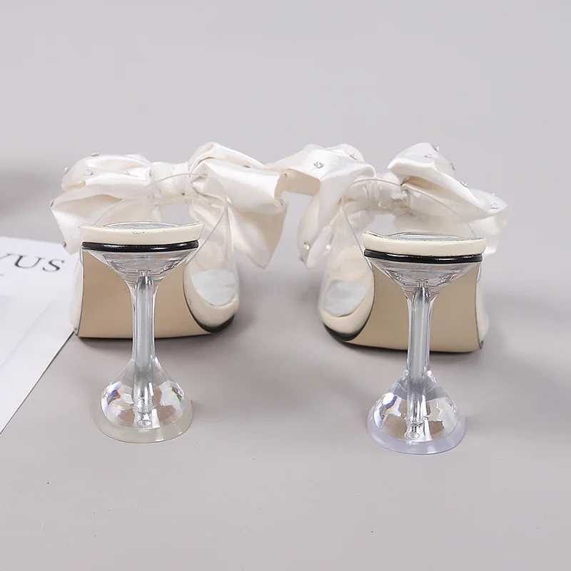 2026 New Fashion Crystal Bow High Heels Slippers Shoes Woman Sexy PVC Transparent Sandals Women Slides Open Toe Pumps Blue Black