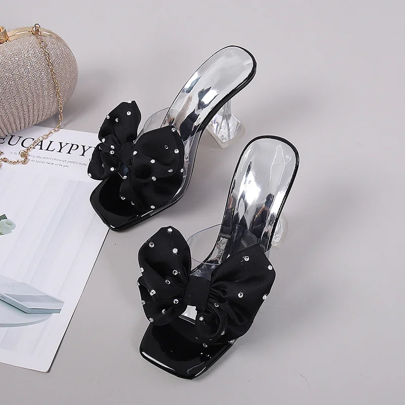 2026 New Fashion Crystal Bow High Heels Slippers Shoes Woman Sexy PVC Transparent Sandals Women Slides Open Toe Pumps Blue Black