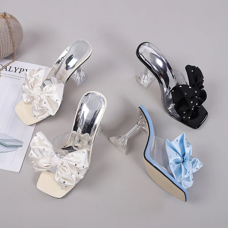 2026 New Fashion Crystal Bow High Heels Slippers Shoes Woman Sexy PVC Transparent Sandals Women Slides Open Toe Pumps Blue Black