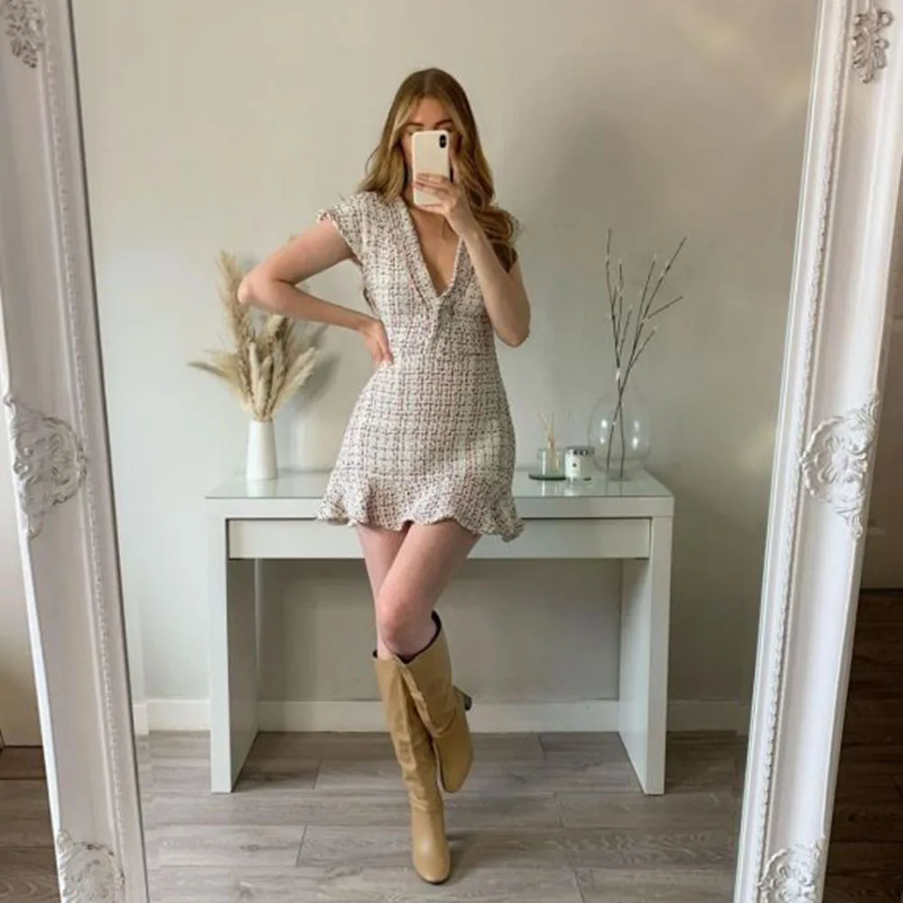 Klacwaya Women's Dress Tweed Textured Dresses Female Clothing Elegant For Women Vintage Ruffle Autumn Ladies Mini Dresses