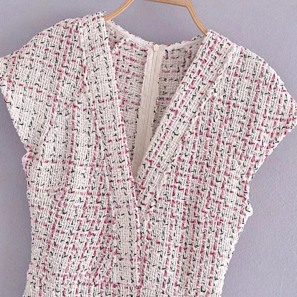 Klacwaya Women's Dress Tweed Textured Dresses Female Clothing Elegant For Women Vintage Ruffle Autumn Ladies Mini Dresses