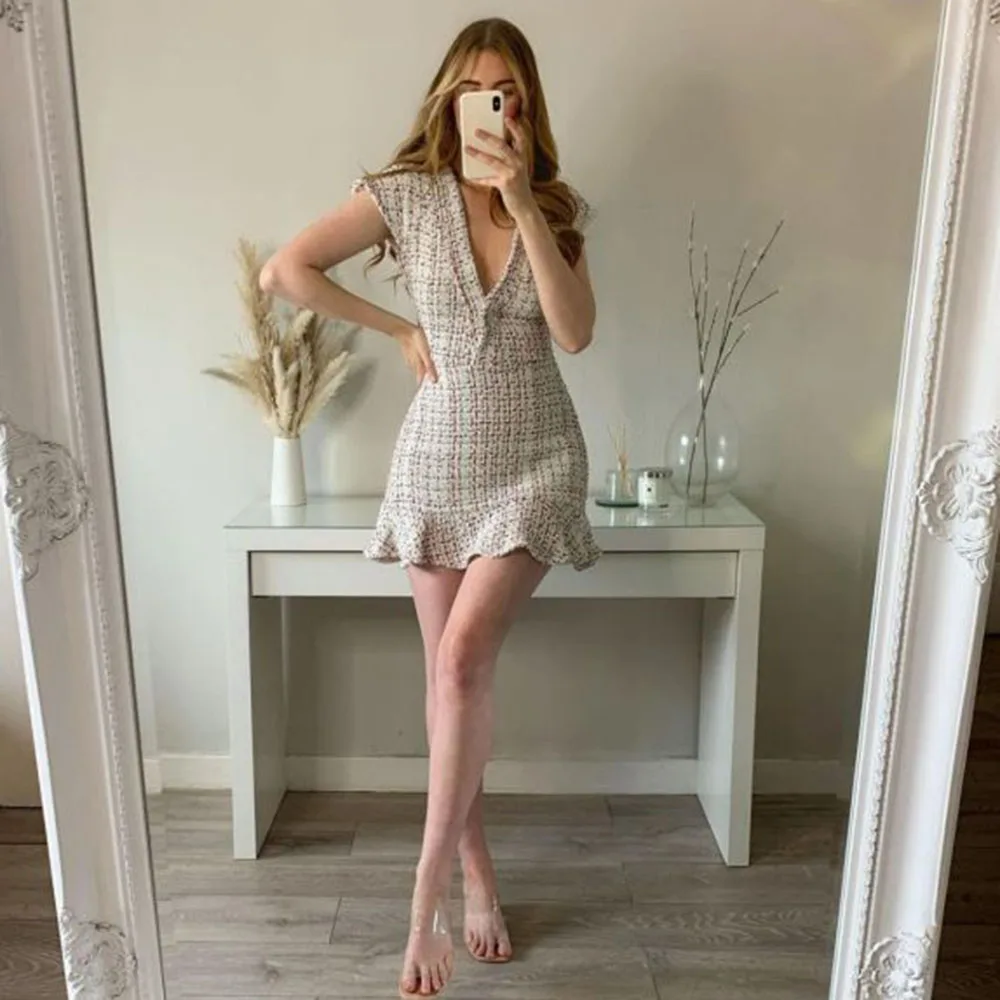 Klacwaya Women's Dress Tweed Textured Dresses Female Clothing Elegant For Women Vintage Ruffle Autumn Ladies Mini Dresses