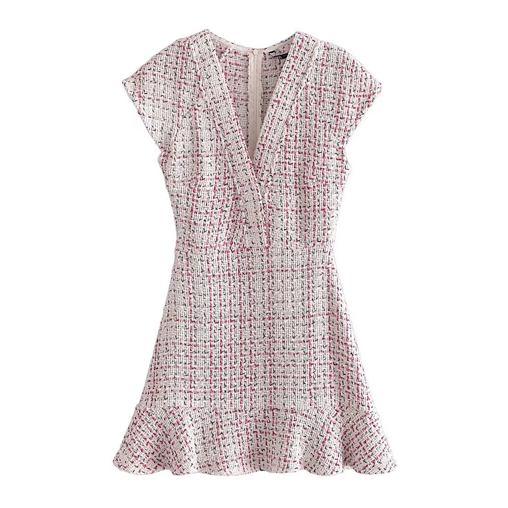 Klacwaya Women's Dress Tweed Textured Dresses Female Clothing Elegant For Women Vintage Ruffle Autumn Ladies Mini Dresses