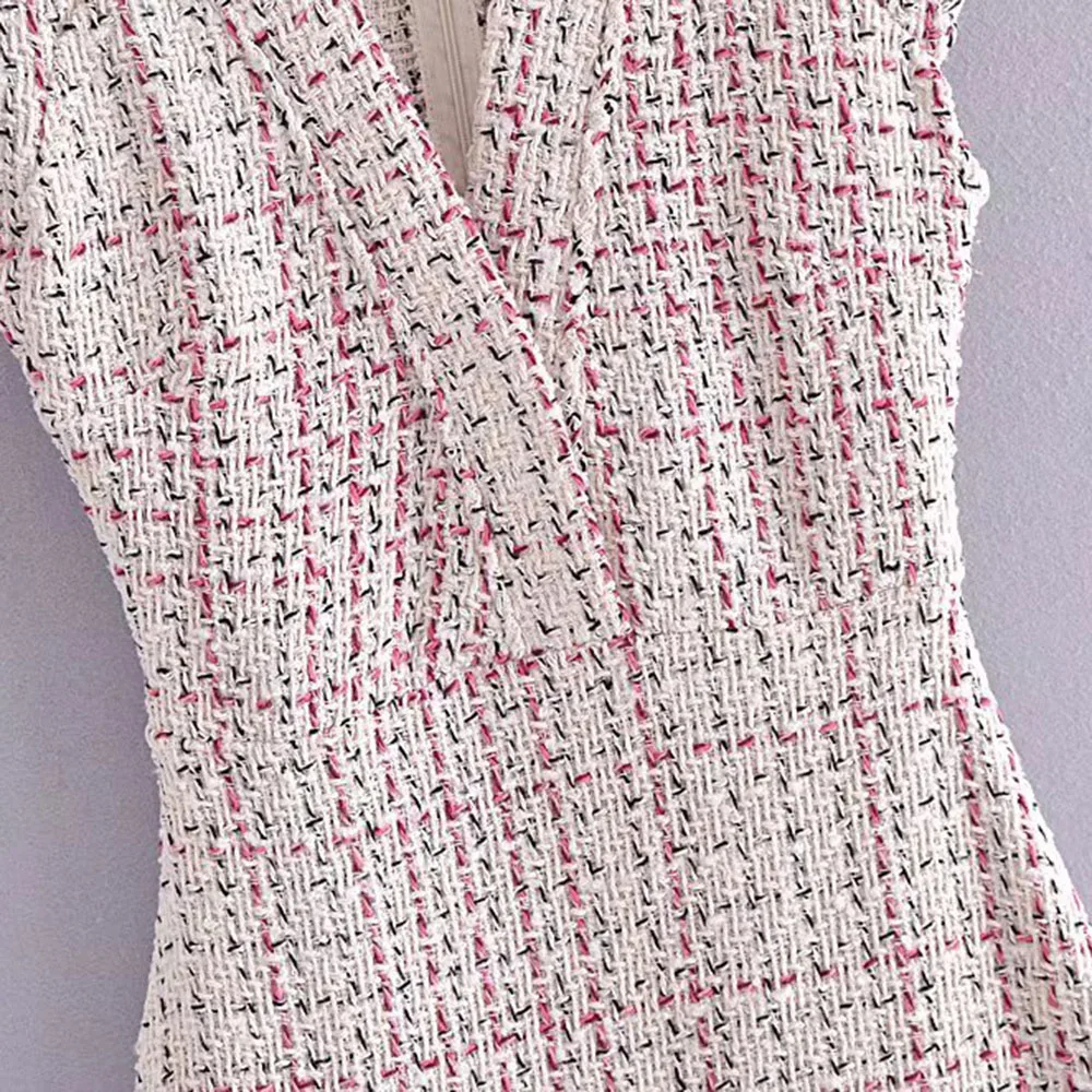 Klacwaya Women's Dress Tweed Textured Dresses Female Clothing Elegant For Women Vintage Ruffle Autumn Ladies Mini Dresses