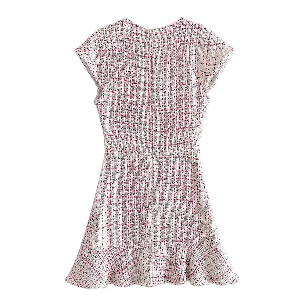 Klacwaya Women's Dress Tweed Textured Dresses Female Clothing Elegant For Women Vintage Ruffle Autumn Ladies Mini Dresses