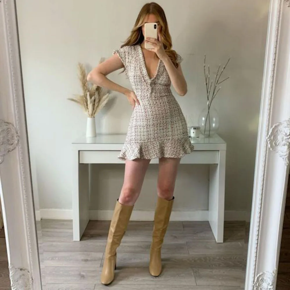Klacwaya Women's Dress Tweed Textured Dresses Female Clothing Elegant For Women Vintage Ruffle Autumn Ladies Mini Dresses